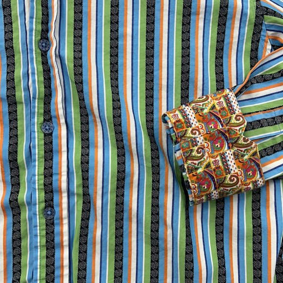 Robert Graham Shirt Mens Large Tall Stripe Paisley Trim Flip Cuff Striped Casual - Picture 3 of 10